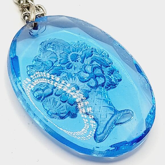 Vintage Blue Glass Intaglio Basket Pendant Necklace 24” Silver Chain - Picture 8 of 10